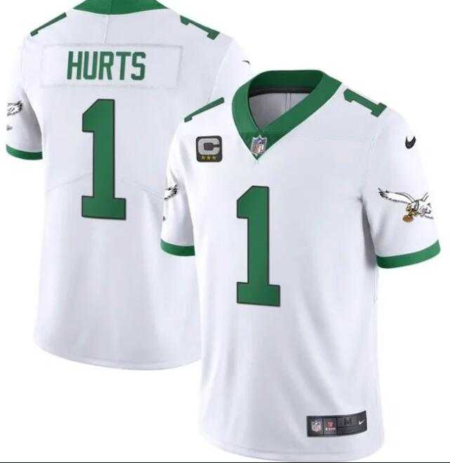 Mens Philadelphia Eagles #1 Jalen Hurts White Kelly Green With C Patch Jersey